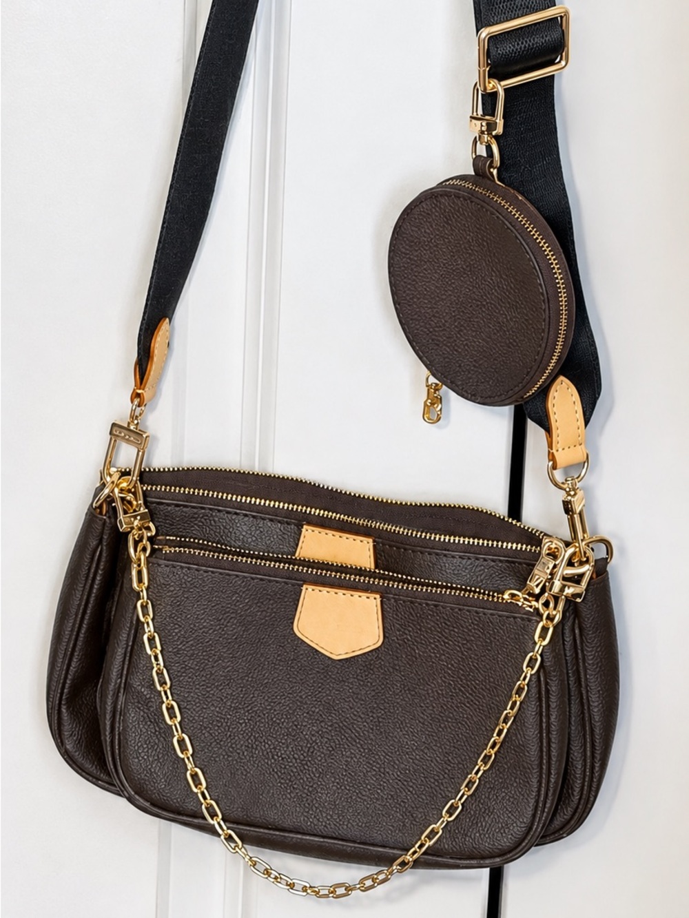 Dark Brown Crossbody Bag with Tan Accents and Gold Hardware(ask for pictures)